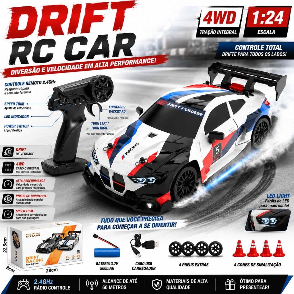 Carrinho de controle remoto recarregável BMW M4 Drift RC com neon corrida 4WD tração quatro rodas