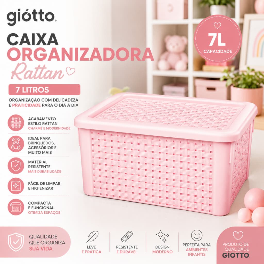 Caixa Organizadora Rattan 7 Litros Rosa Cesto Multiuso Organização Banheiro Quarto Giotto