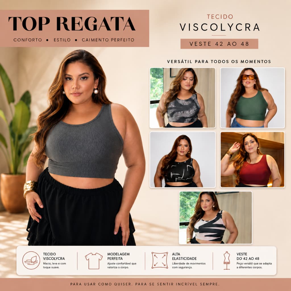 Top Regata Feminino Cropped Elegante Plus Size Estampado Passeio Academia Liso Calor Treino