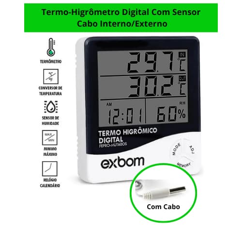 Termo-Higrômetro Digital LCD Interno/Externo C/ Sensor/Geladeiras, Freezers Termômetro Temperatura