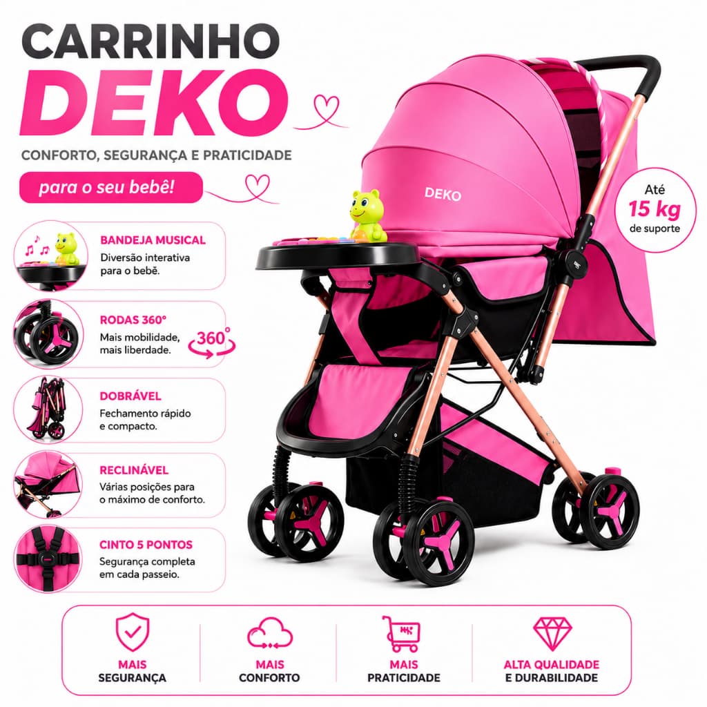 Carrinho de Bebê Passeio Infantil Feminino p/ Menina Compacto Dobrável Rosa Preto com Bandeja Musical  e Freio nas Rodas