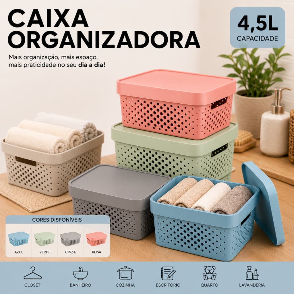 Caixa Organizadora 4,5L Multiuso Empilhável Cesto Organizador Closet Banheiro Cozinha Marca Rainha