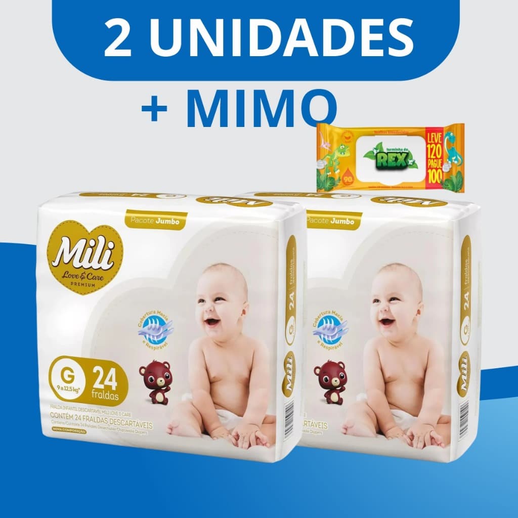 Fralda Descartável Infantil Mili Love Care Premium 2 Unidades e Lenço Umedecido de Mimo