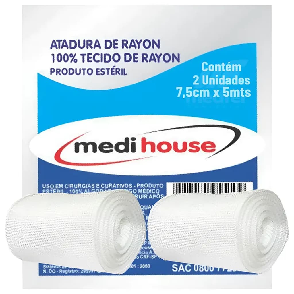 Atadura Rayon Bandagem 7,5cm X 5 Metros Kit 2 Unidades