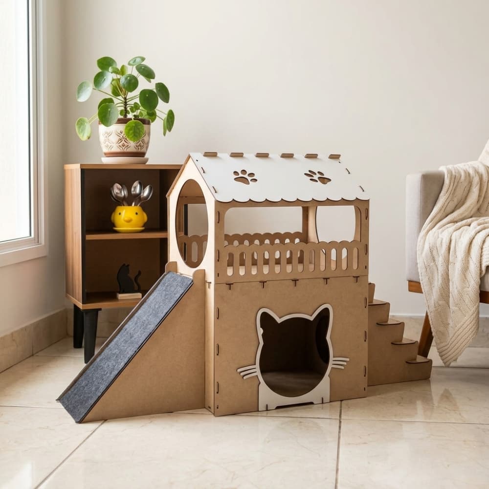 Casinha de Gato 2 Andares Playground Rampa Arranhador Toca Felino Brinquedo Degrau Casa