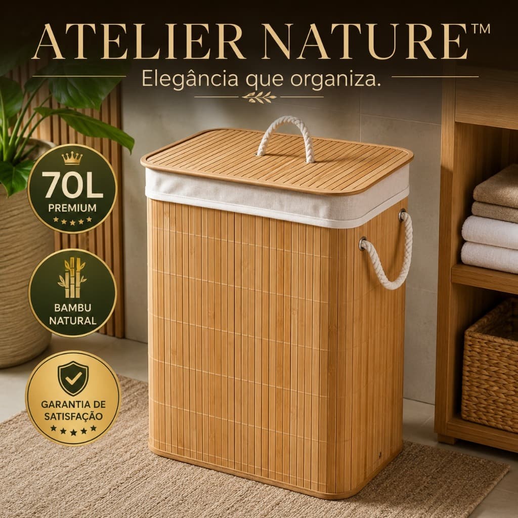 Cesto Organizador de Bambu 70L com Tampa e Alças para Roupas Lavanderia Banheiro Quarto