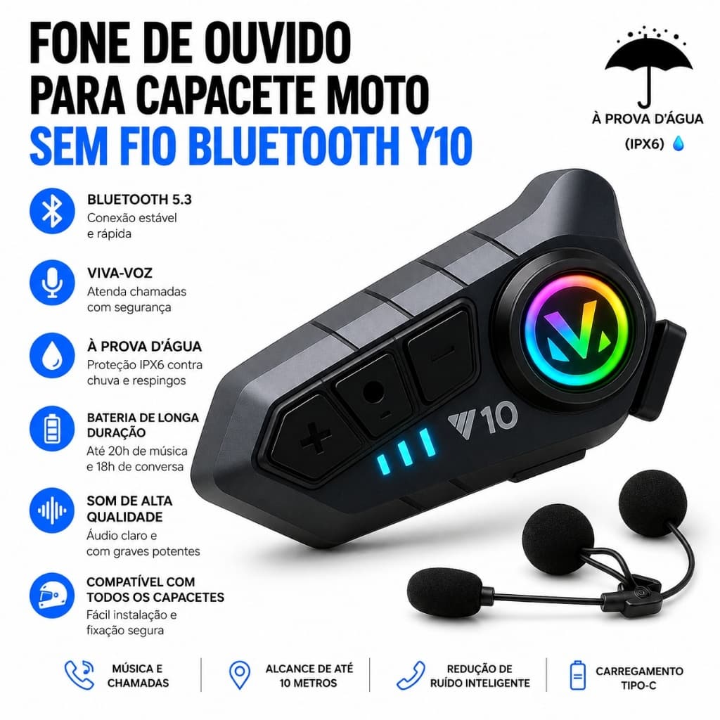 Fone De Ouvido Para Capacete Moto Sem Fio Bluetooth Y10 À Prova D’Água Intercomunicador Comunicador