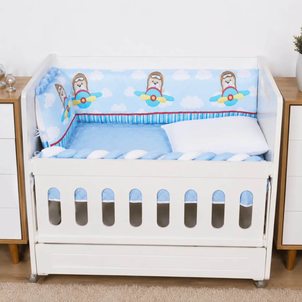 Kit Mini Berço Aviador 10 Peças Bebê Menino com Trança Mosquiteiro Protetor Mini Enxoval Completo
