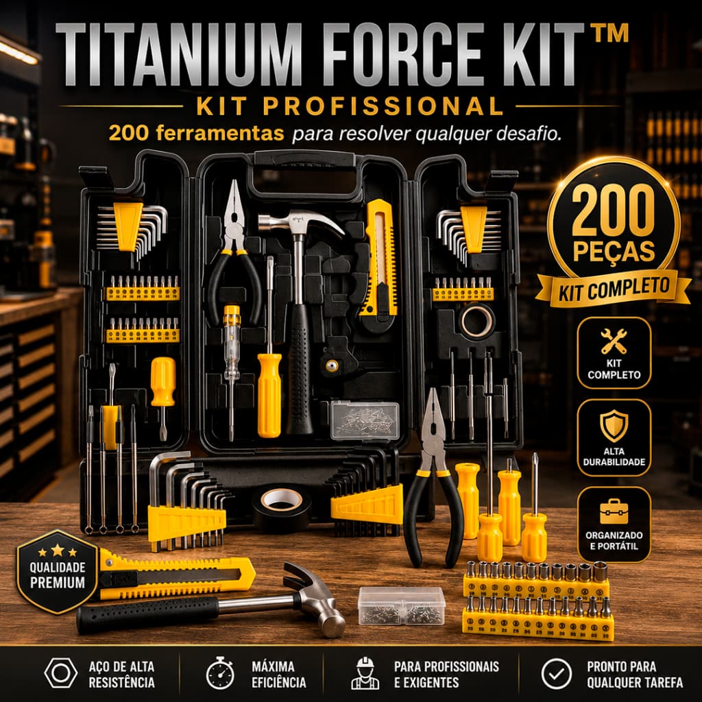 Kit Ferramentas 200 Peças Profissional Completo com Maleta Organizadora Portátil Titanium Force
