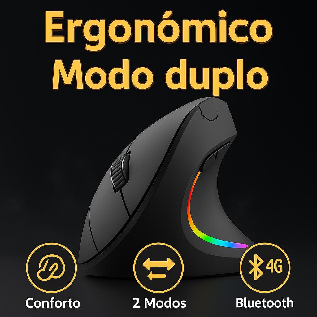 Mouse Vertical Sem Fio Recarregável 2.4GHz + Bluetooth, Ergonômico e Silencioso com LED e 2400 DPI (4 Níveis)