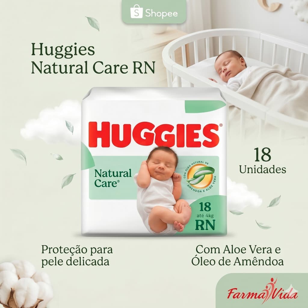 Fralda Huggies Premium Natural Care RN 18 Un Proteção Pele Delicada
