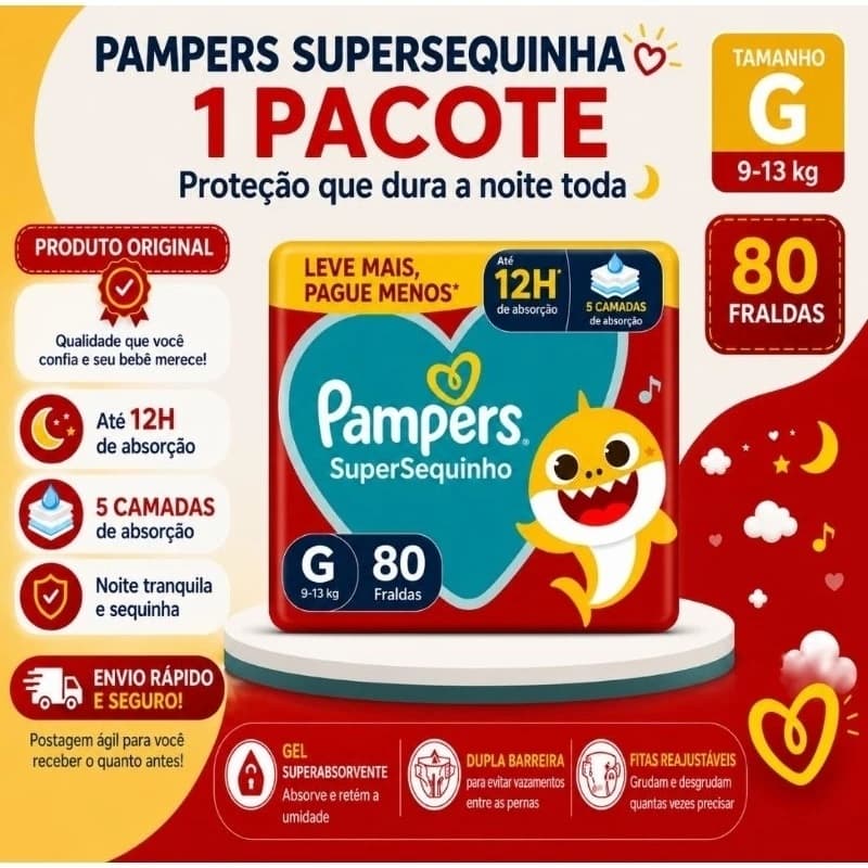 Fralda Pampers SuperSequinha Baby Shark Tamanho G - 80 Unidades Fralda Descartável