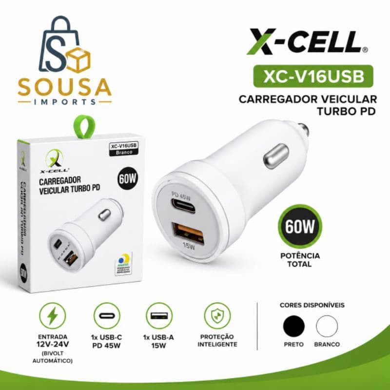 Carregador Veicular X-cell 60w Turbo Usb-c Pd + Usb-a XC-V16USB