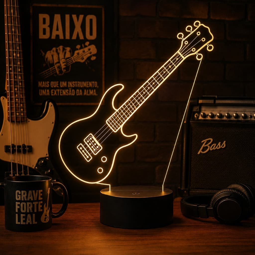 Luminária Led 3d | Baixo Música Instrumento | Abajur Presente Criativo Decoração Multicores