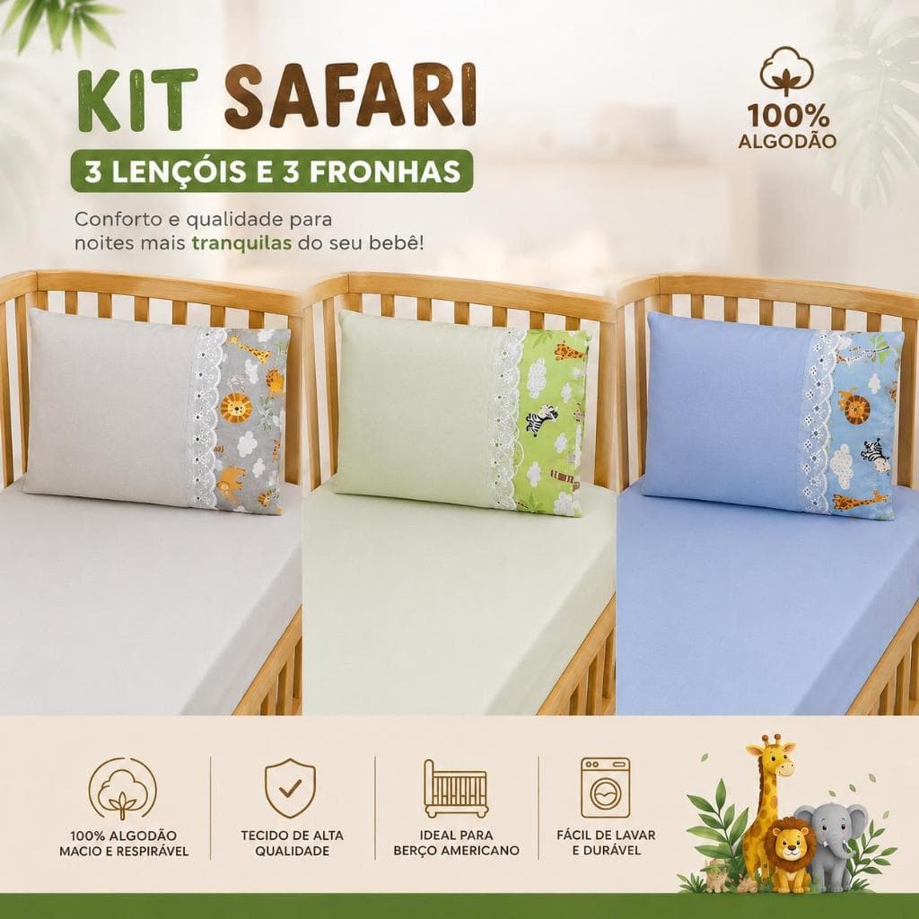 KIT 3 JOGOS DE LENÇOL PARA BERÇO AMERICANO 100% ALGODÃO SAFARI MENINO