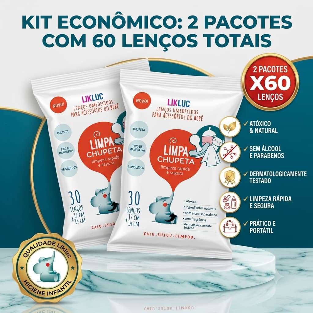KIT 2 Limpa Chupeta lenços umedecidos higienizadores Likluc Portátil Sem Enxágue Prático Premium