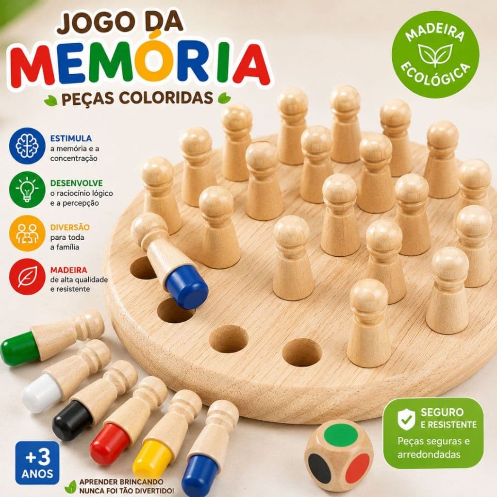 Jogo da Memória em Madeira Educativo Infantil Montessori Pinos Coloridos e Dado Brinquedo Pedagógico
