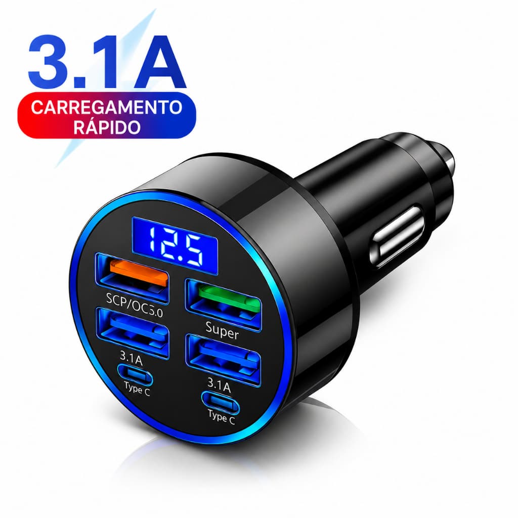 Carregador Veicular 6 Saídas USB USB-C Turbo PD QC3.0 Voltímetro Digital