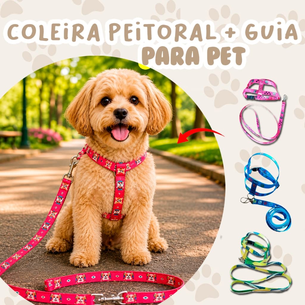 Conjunto Coleira Peitoral seda com Guia Ajustável para Cachorro, Gato e Coelho - Tamanhos 0 ao 4