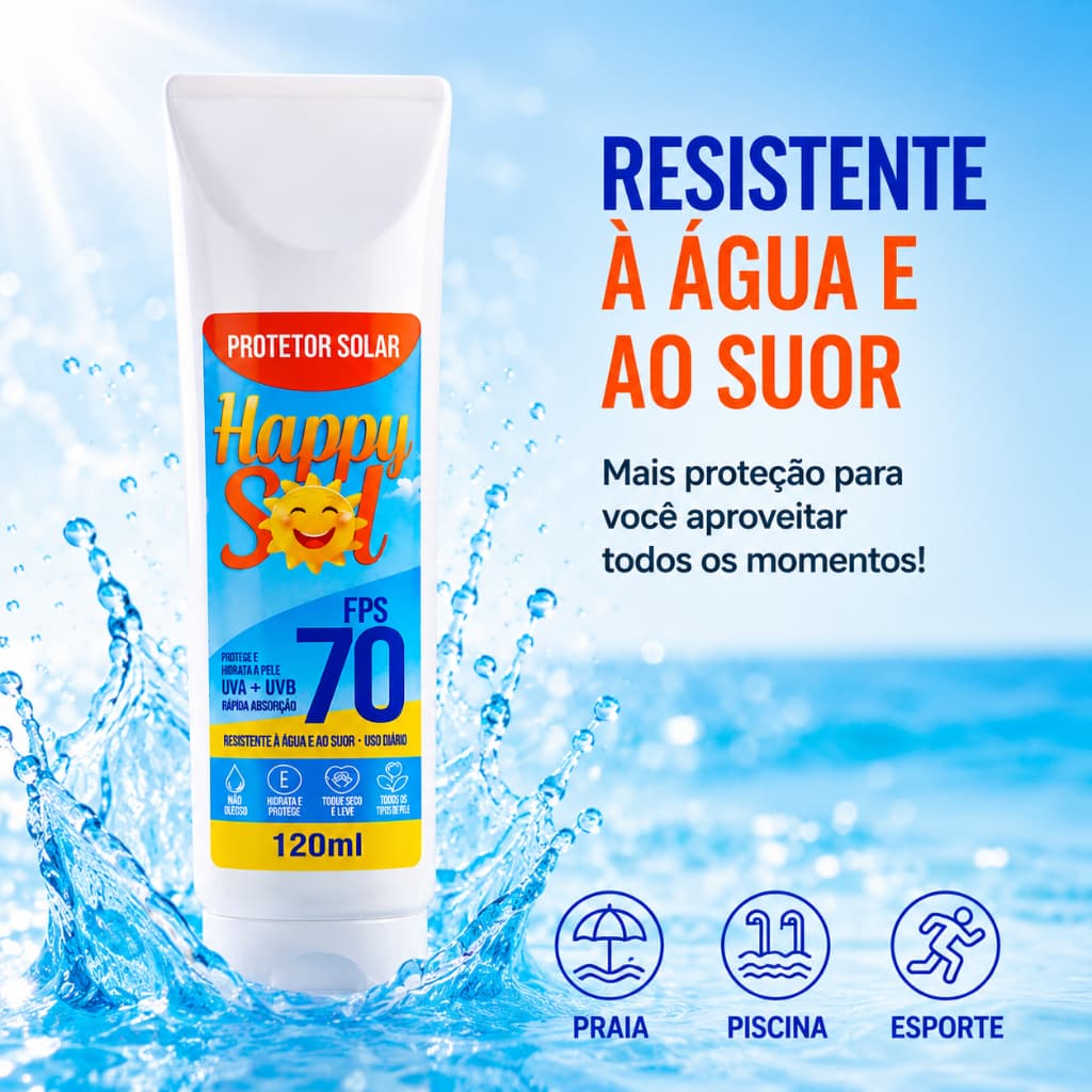 Protetor Solar FPS 70 Happy Sol 150ml  Facial e Corporal Toque Seco Anti Oleosidade  UVA UVB