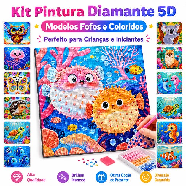 Kit Pintura Diamante 5D Infantil DIY Completo 12 Modelos com Pedrinhas para Crianças