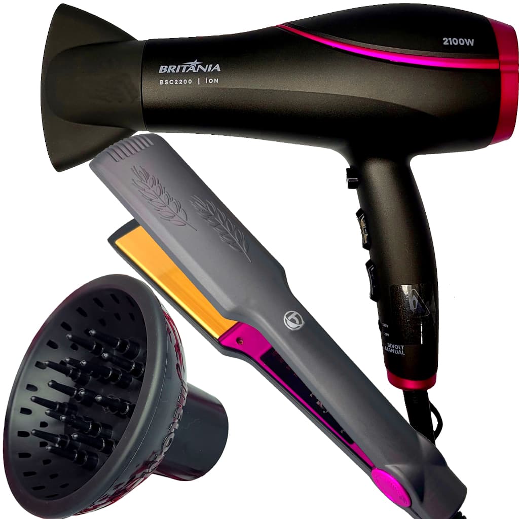 Secador De Cabelo Britania 2100w Profissional Ar Quente Frio Bs22 Difusor Cachos Prancha Larga Bbg Titanium Bivolt