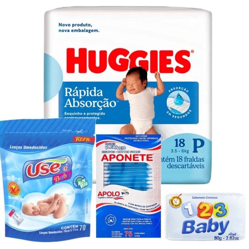 Kit chá de bebê Presente Fralda Huggies + Sabonete + Refil de lenço umedecido + cotonete