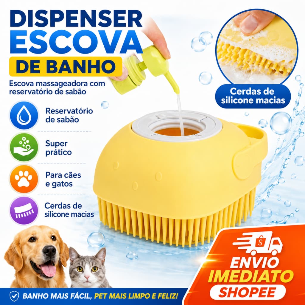 Escova Prática de Banho Pet com Dispenser para Shampoo de Cachorro e Gato