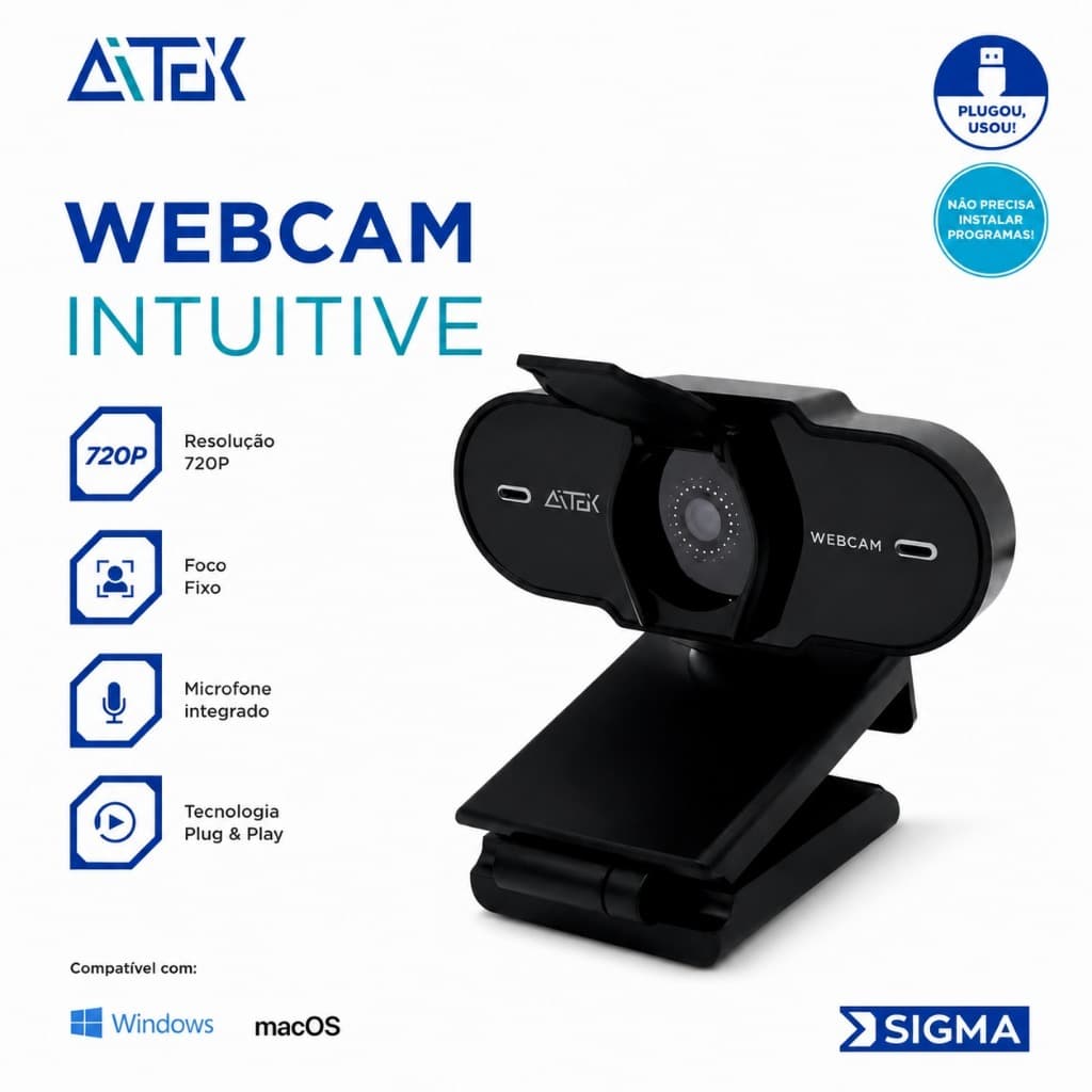 Webcam Intuitive Resolução 720P Aitek Microfone Integrado Foco Fixo Techologia Plug & Play Sigma
