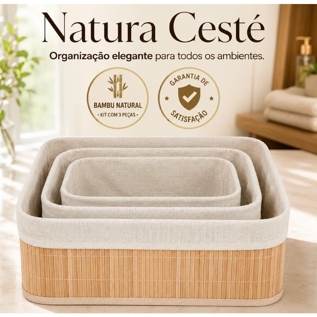 Kit 3 Cestos Organizadores de Bambu com Forro em Tecido|Organizador Multiuso para Banheiro, Cozinha, Quarto e Escritório