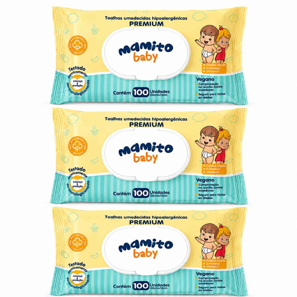 Kit 3 Lenços Umedecido 100 Folhas - Com Tampa Flip Top, Limpeza Delicada - Mamito Baby