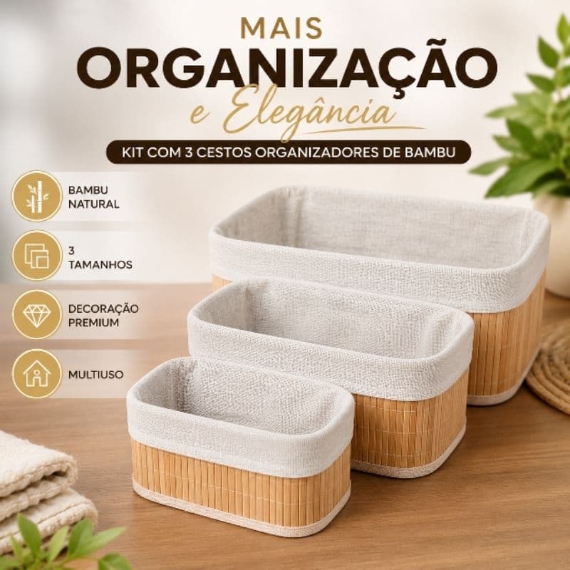 Kit 3 Cestos Organizadores de Bambu Multiuso Cesto Organizador Banheiro Cozinha Quarto Lavanderia Decoração Premium