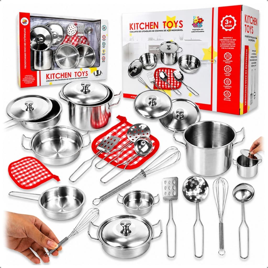 Kit Panelinhas Inox Infantil Brinquedo Educativo e Realista utensílios miniatura