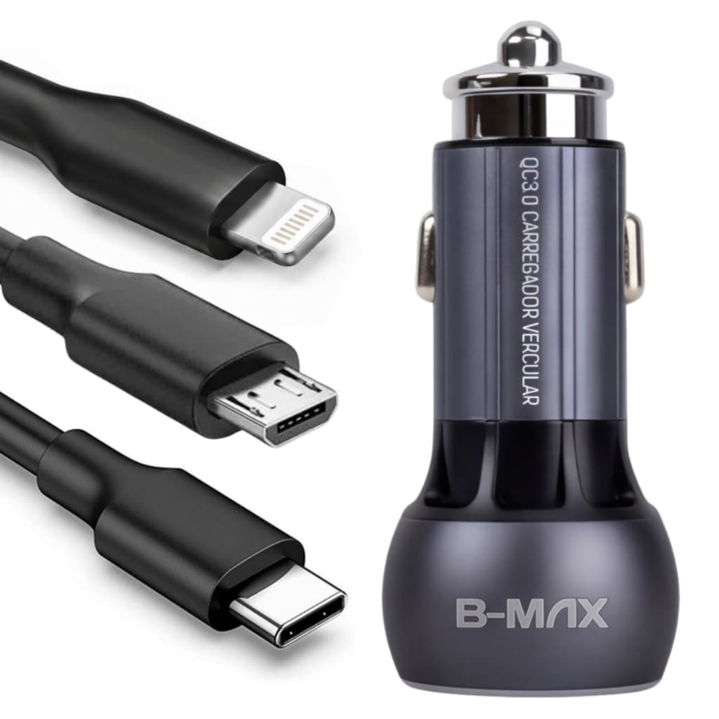 Carregador Veicular Turbo Entrada Usb Celular Carro Veículo Lightning Tipo C Micro USB