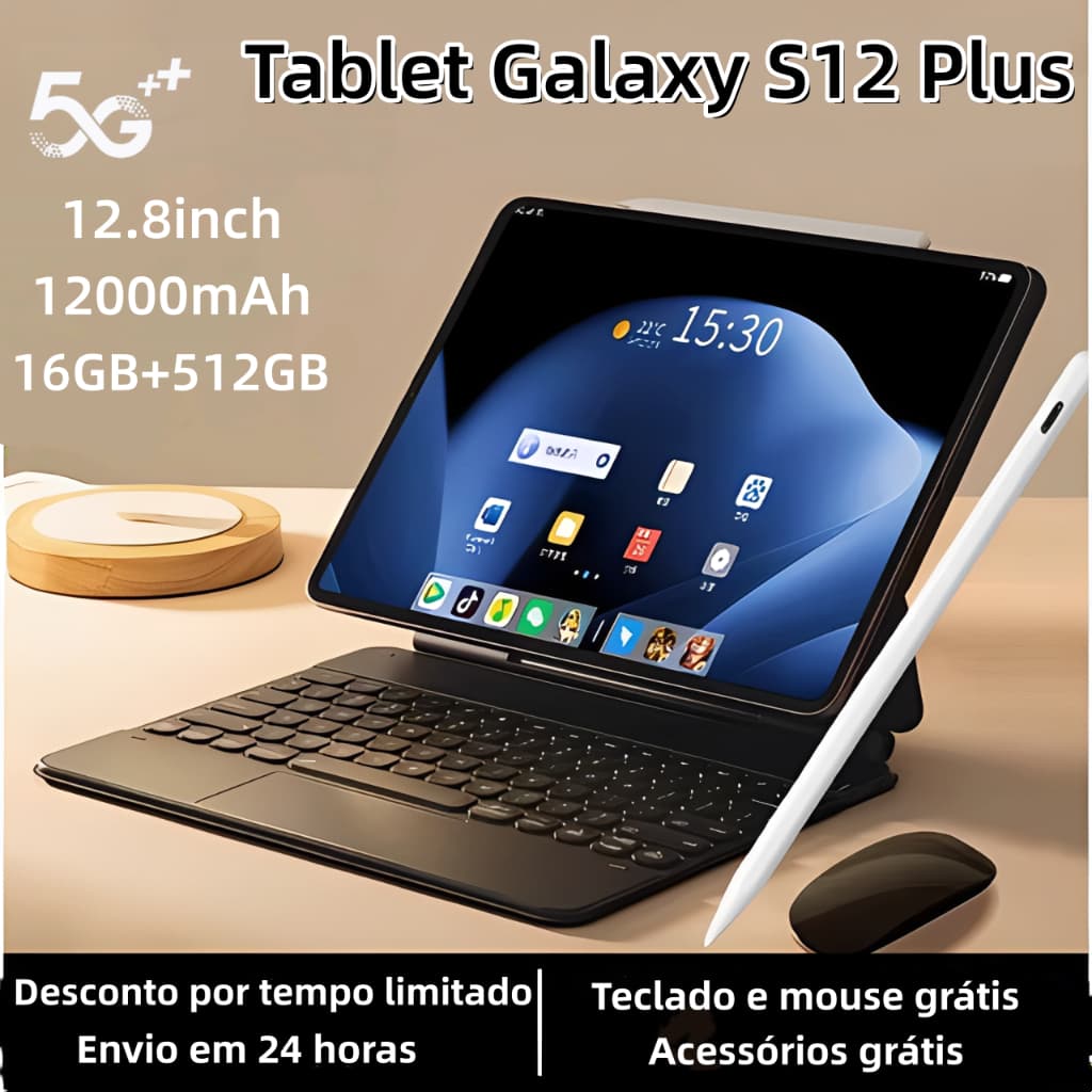 Tablet Galaxy S12 Plus 12,8 polegadas, 16GB + 512 GB, bateria de 12000 mAh, HD, Android – com opção de parcelamento