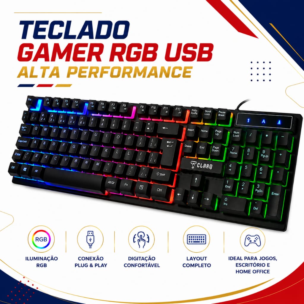 Teclado Gamer RGB USB Mecânico ClanM Preto ABNT2 Com Display LED Para PC Notebook Jogos