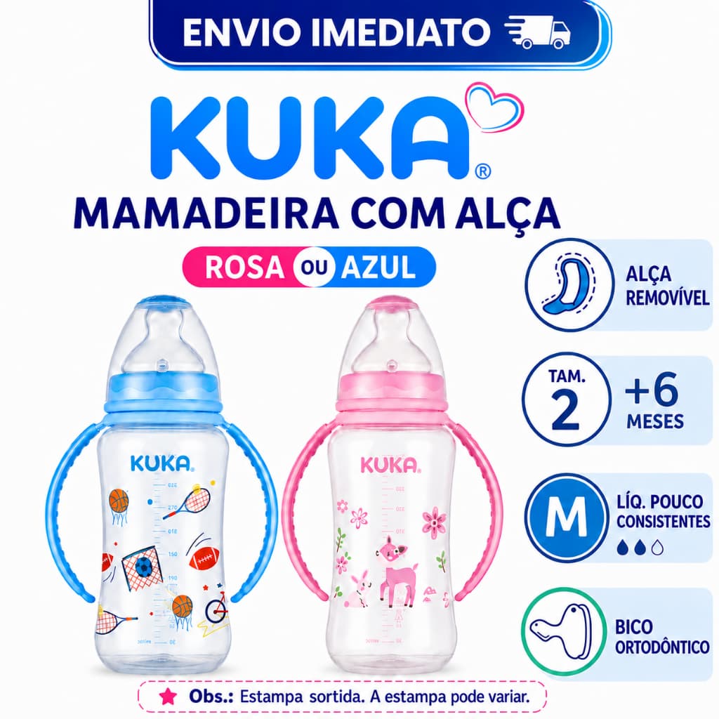 Mamadeira Kuka Big Orto Decorada 330ml com alça Bico Big Anatômico Ortodôntico Válvula Anti Cólica