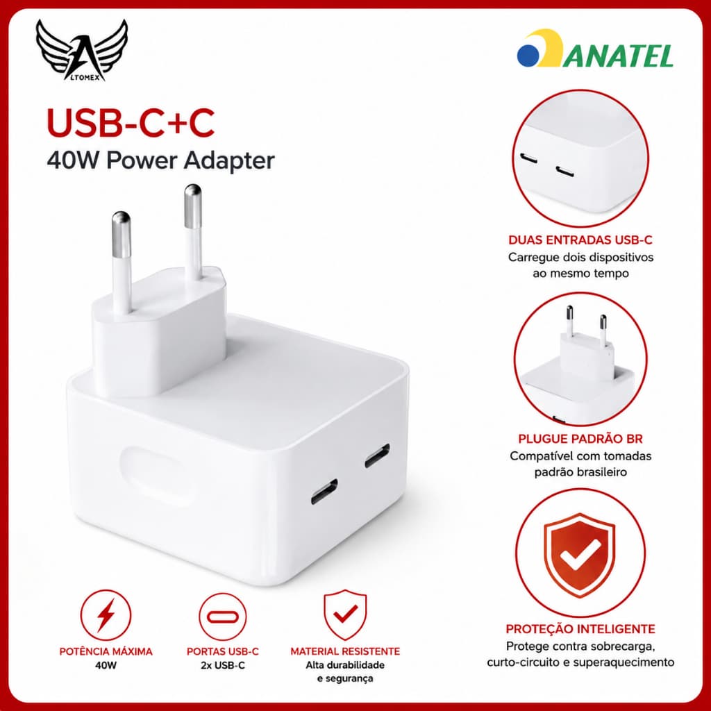 Carregador USB C Duplo 40W Power Delivery Rápido Alta Potência Altomex
