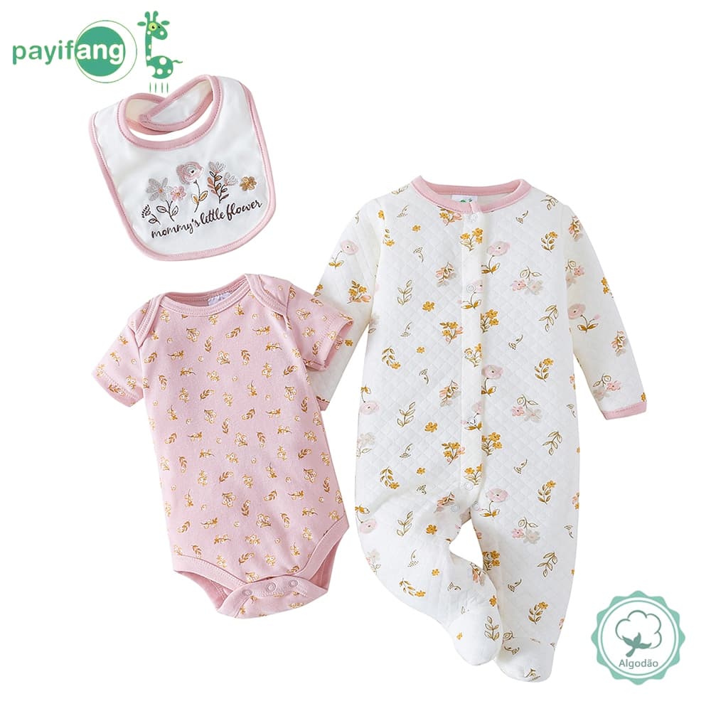 Payifang Kit Enxoval Bebê Menina 0-9 Meses 100% Algodão Floral Pequeno Mameluco com Pé Body e Babero