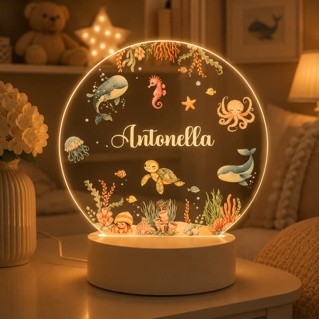 Luminária Fundo do Mar Baleia e Tartaruga Personalizada com Nome, Abajur LED Acrílico, Quarto de Bebê, Chá de Bebê