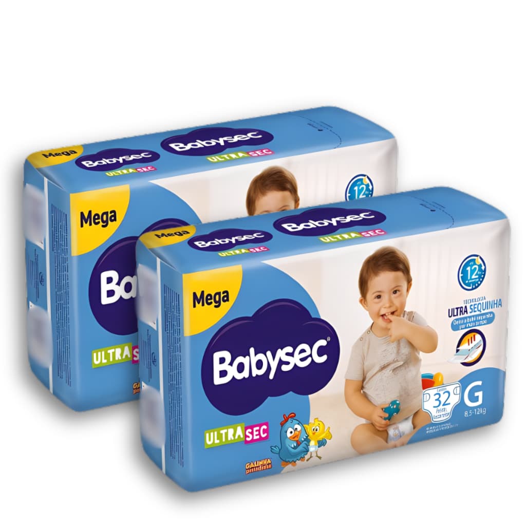 Kit 2 Fralda Descartável Babysec Mega UltraSec Tam G Galinha Pintadinha - Total 64 Unidades