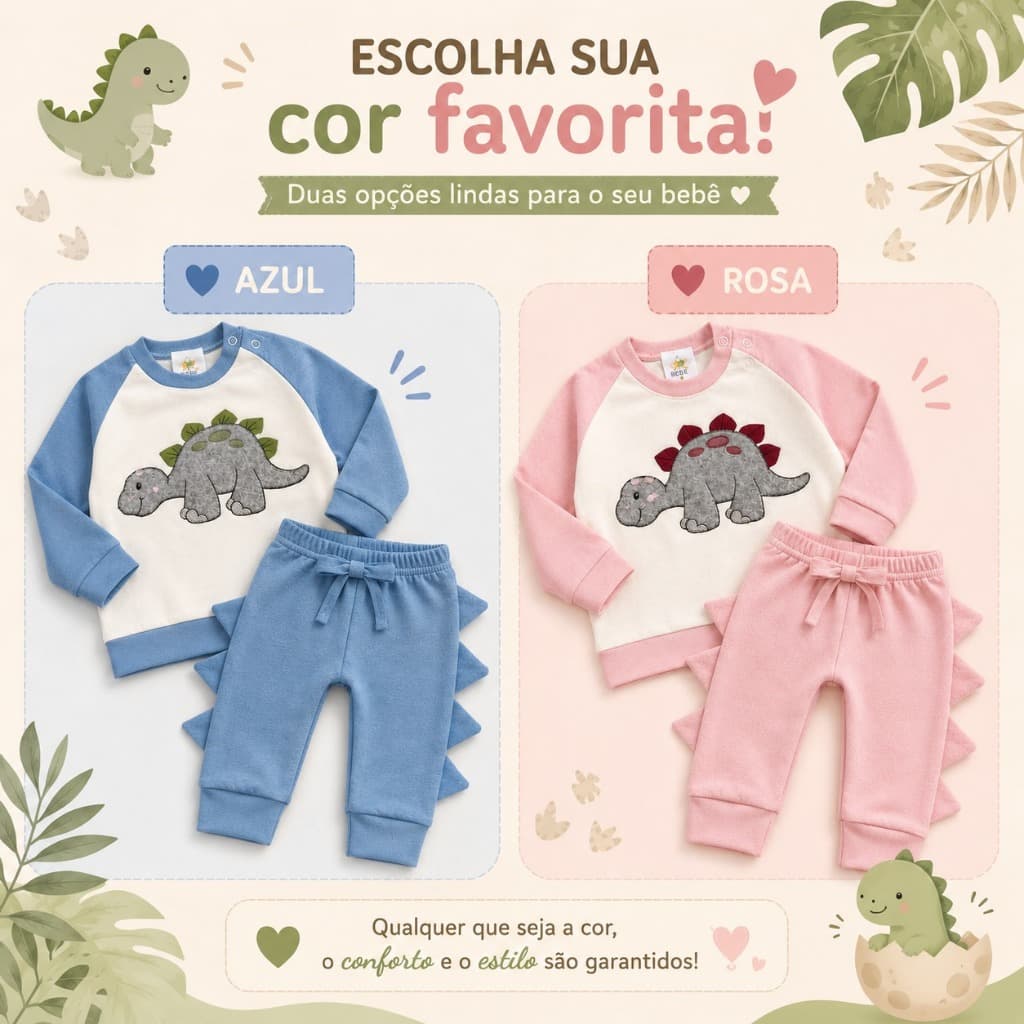 Kit Blusa e Calça Bebê Frio Inverno Algodão Menino Menina Roupa Infantil Dinossauro