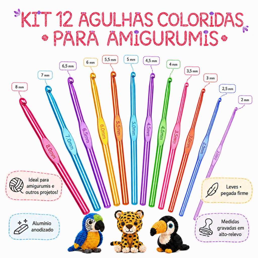 KIT 12 Agulhas De Crochê Em Alumínio Coloridas De 2 a 8mm x 15cm Para Crochê Amigurumi