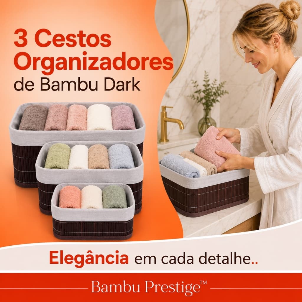 Jogo 3 Cestos Organizadores de Bambu Dark Multiuso Banheiro Closet Cozinha Decoração