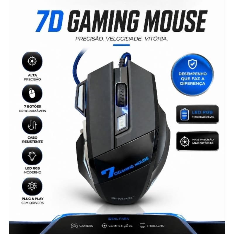 Mouse Gamer Com Fio USB 7 Botões LED RGB Alta Precisão 3200 DPI Ergonômico para PC Notebook
