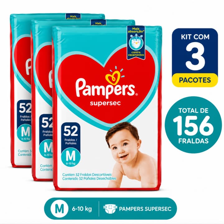 Kit 3 Fraldas Pampers Supersec M 52 Unidades Cada | Total 156 Fraldas | 6 a 10kg | Original