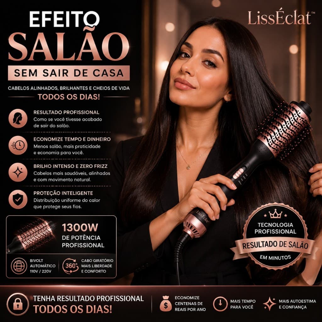Escova Secadora Profissional LissÉclat™ Bivolt 1300W Modeladora Alisadora Cabelo Anti Frizz Efeito Salão