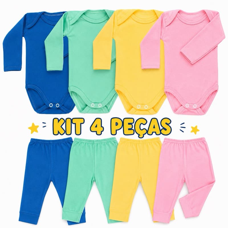 kit 4 peças body e mijão para bebe infantil menina e menino canelado
