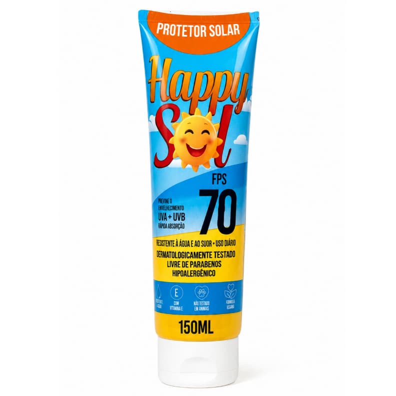 Protetor Solar Happy Sol FPS 70 com Vitamina E Resistente a Agua e Suor 150ml Facial e Corporal