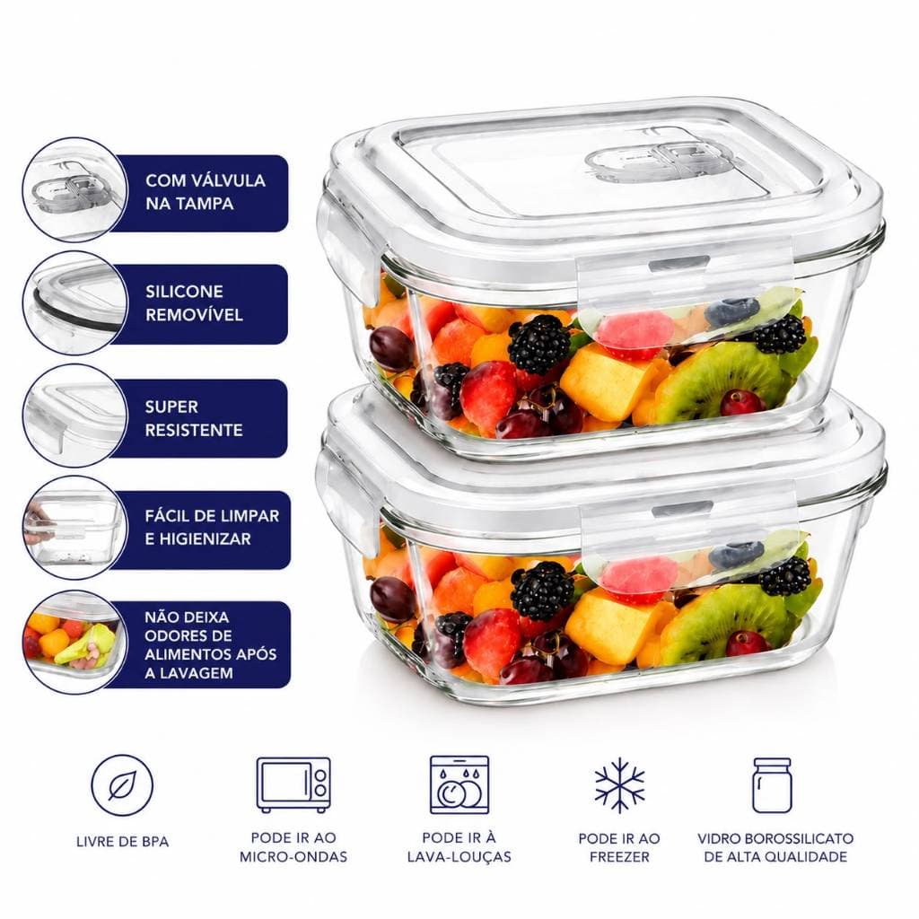 Kit Potes Herméticos de Vidro Borossilicato 310 Ml 2/4 ou 8 Unid Quadrado 4 Travas Marmita Mantimentos Doces e Temperos